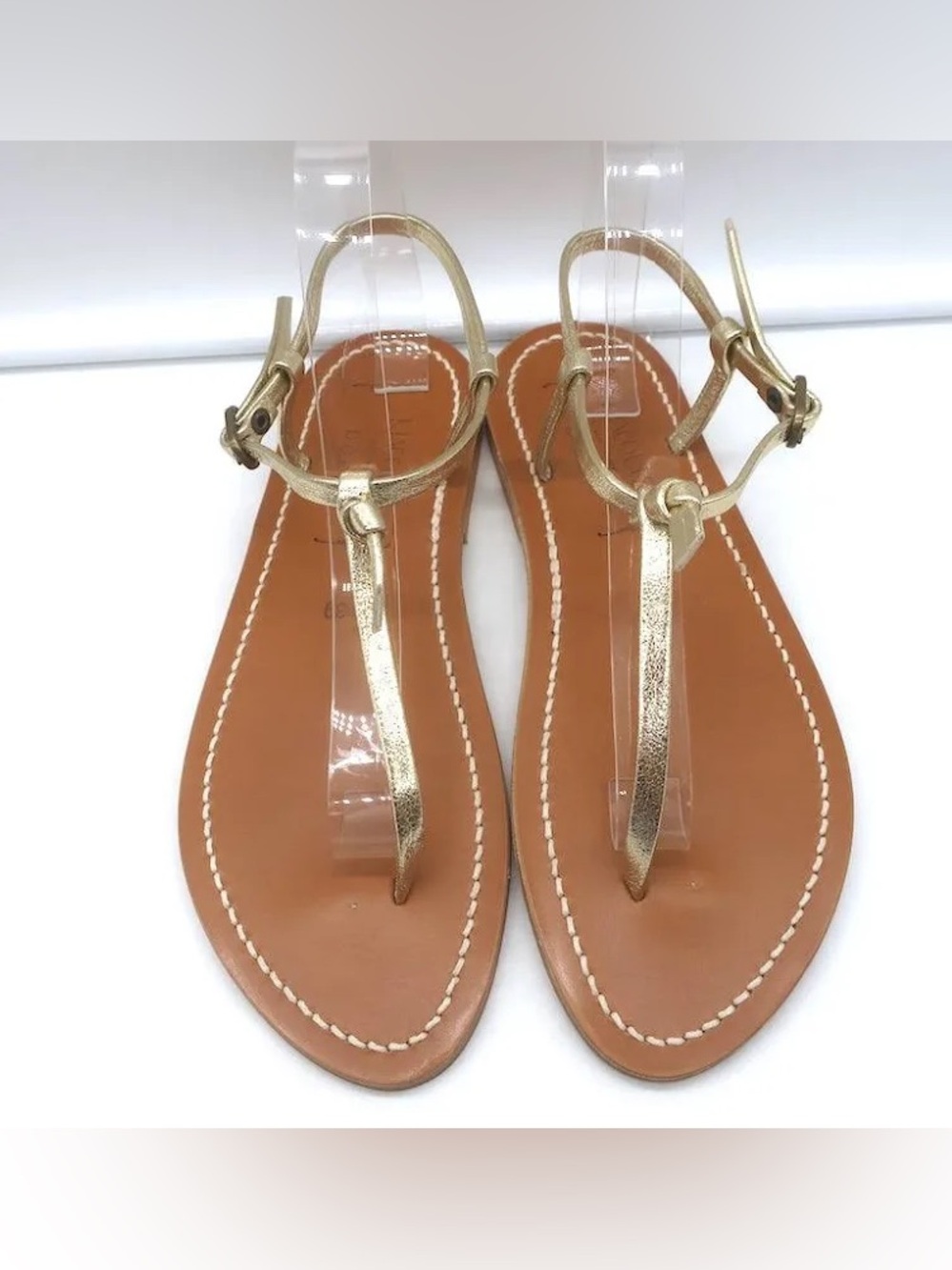 Doen x K Jacques Gold Leather T-Strap Sandals (39)
